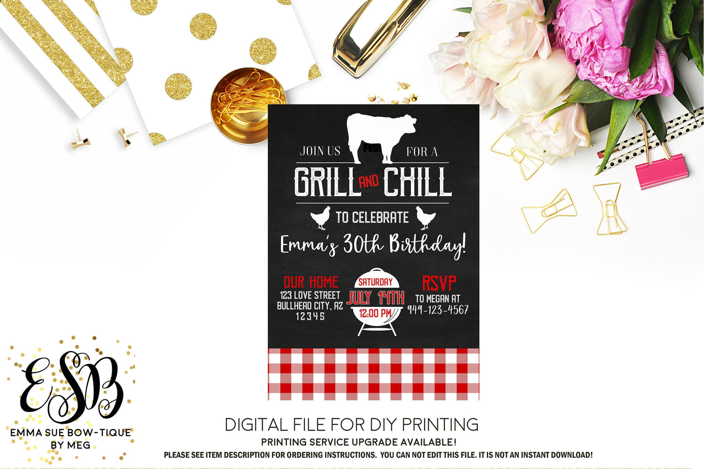 Grill & Chill - BBQ Adult Birthday Party Invitation Printable - Digital File  (Grill-Chill)