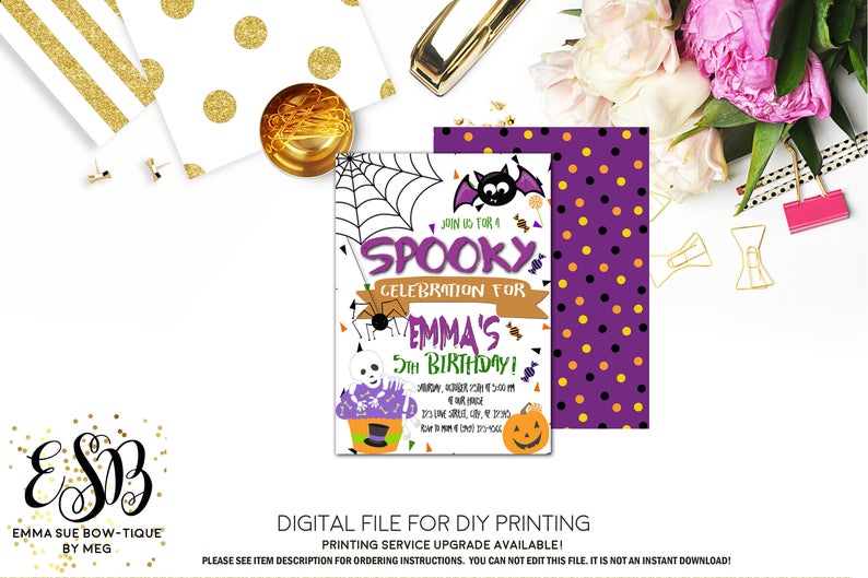 Spooky Celebration - Kid's Halloween Birthday Party invitation Printable - Digital File  (Halloween-Cupcake)