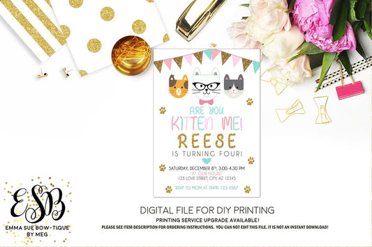 Are you Kitten Me - Girl's Kitten Birthday Party Invitation Printable - Digital File  (kitten-pastel)