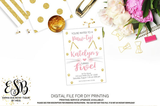 Girl's Kitten Paw-ty Birthday Invitation Printable - Digital File  (kitten-face)