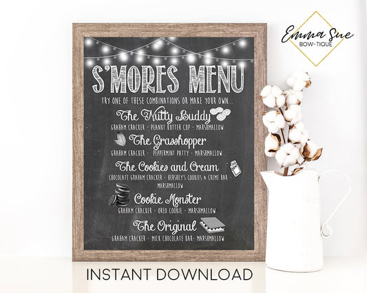 S'more Menu Chalkboard Design Printable Sign - Digital File - Instant Download