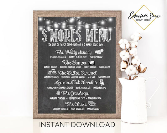 S'more Menu Chalkboard Design Printable Sign - Digital File - Instant Download