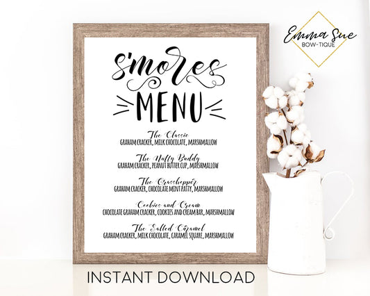 S'mores Party Menu Printable Sign - Digital File - Instant Download