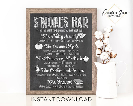 S'more Menu Chalkboard Design Printable Sign - Digital File - Instant Download