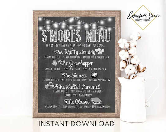 S'more Menu Chalkboard Design Printable Sign - Digital File - Instant Download