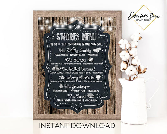 S'more Menu Wood Border Chalkboard Design Printable Sign - Digital File - Instant Download