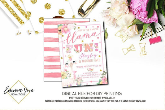 Girl's Whole Llama Fun Birthday Party Invitation Printable - Digital File Invite  (Llama-Springcrown)