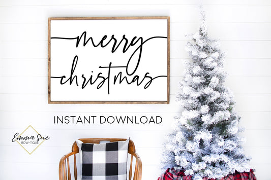 Merry Christmas - Black and White Christmas Decor Printable Sign Farmhouse Style  - Digital File