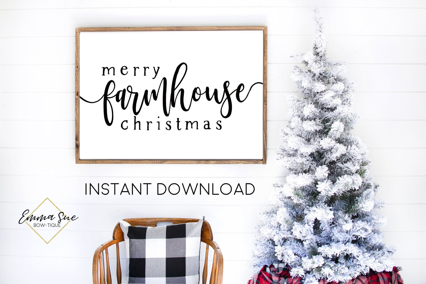 Merry Farmhouse Christmas - Black and White Christmas Decor Printable Sign Farmhouse Style  - Digital File