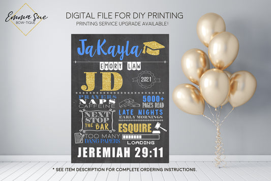 Custom Graduation Personalized Chalkboard Sign Photo Prop - Any Degree DIGITAL FILE  (Chalk-Law School)