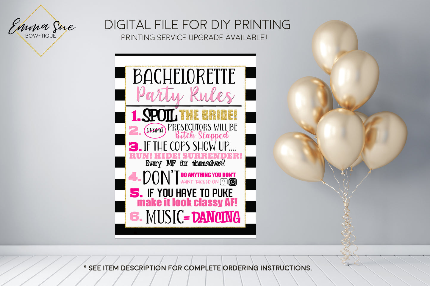 Bachelorette Party Rules Personalized Sign - Party Decorations  - Digital File