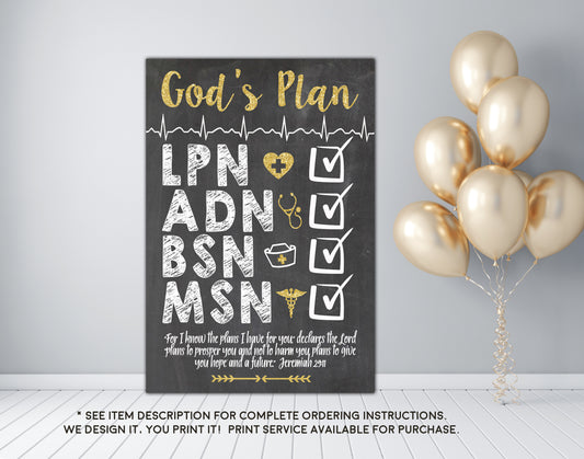 God's Plan Nursing Graduation Checklist - Gold Glitter - BSN, LVN, LPN, RN Chalkboard Sign Photo Prop - Any Nursing Degree DIGITAL FILE  (Nurse-Checklist Gold)