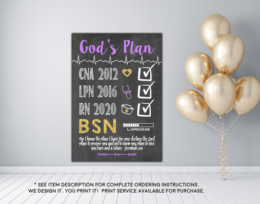 God's Plan Nursing Graduation Checklist with Dates - CNA, BSN, LVN, LPN, RN Chalkboard Graduation Photos Prop Sign - Any Nursing Degree DIGITAL FILE  (Gods-Plan Loading)