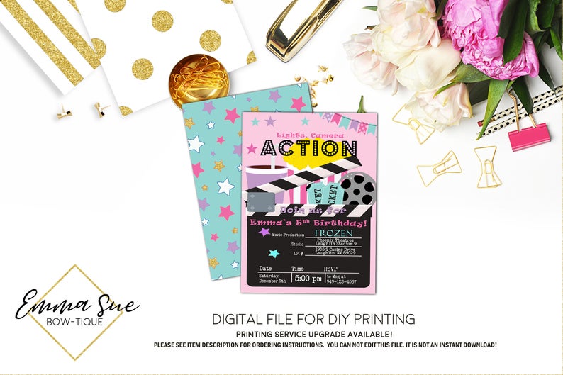 Movie Night - Girl's Movie theatre Birthday Invitation - Digital File Printable (movie-nightgrl)