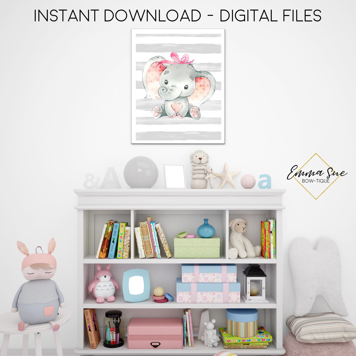 Baby Elephant Watercolor Stripe Girl's Nursery, Playroom, Bedroom Printable Wall Art  - Digital File - Instant Download