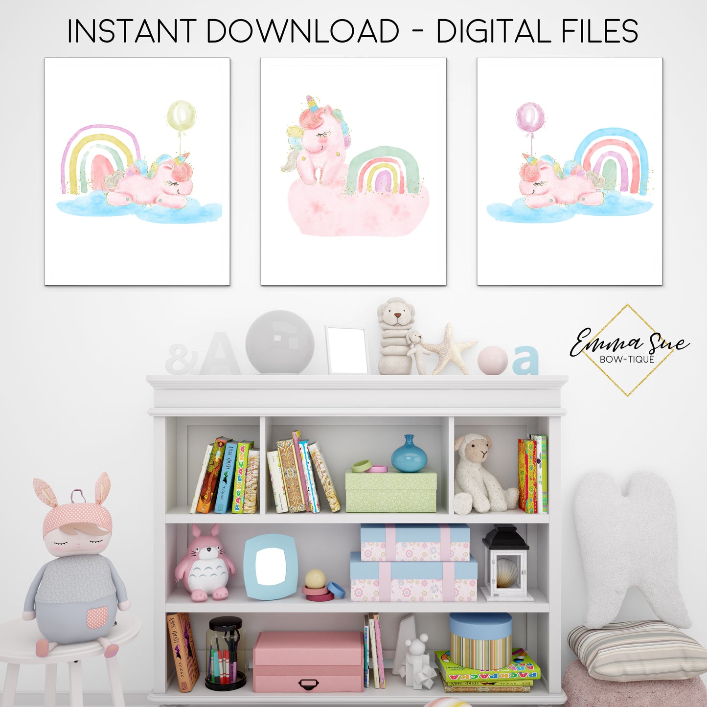 Watercolor Pastel Unicorns & Rainbows - Kid's Room Or Baby Nursery Printable Wall Art  - Digital File
