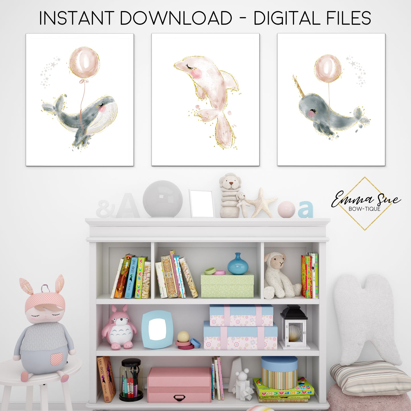 Watercolor Sea Life Dolphin Narwhal Whale - Kid's Room Or Baby Nursery Printable Wall Art  - Digital File