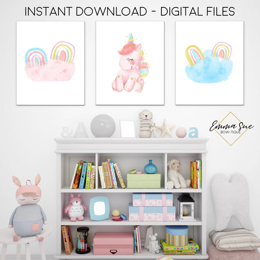 Watercolor Pastel Unicorn & Rainbows - Kid's Room Or Baby Nursery Printable Wall Art  - Digital File