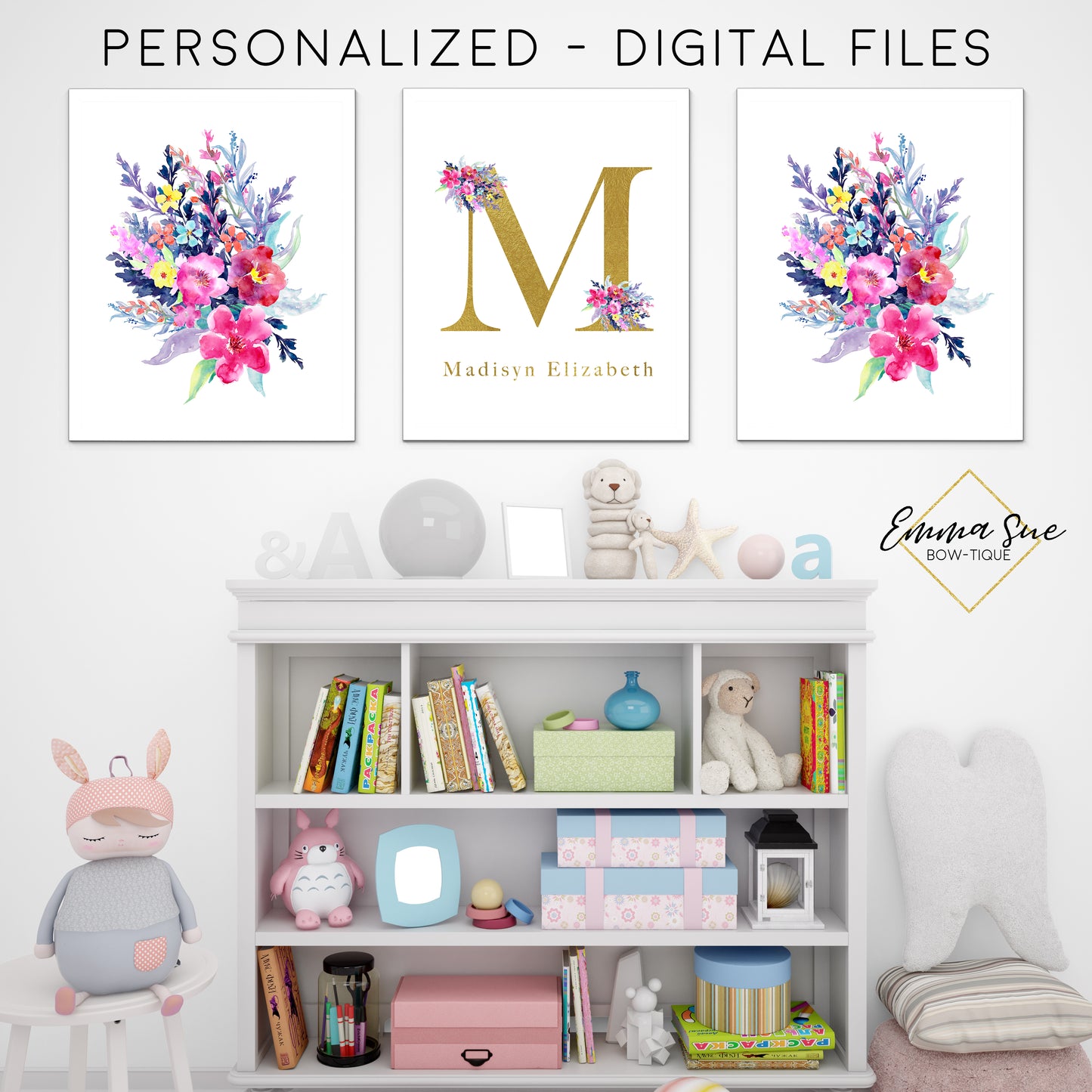 Gold & Watercolor Wildflowers Floral Personalized Baby Name & Initial Sign - Kid's Room Or Nursery Printable Wall Art  - Digital File (Name-wildflower)