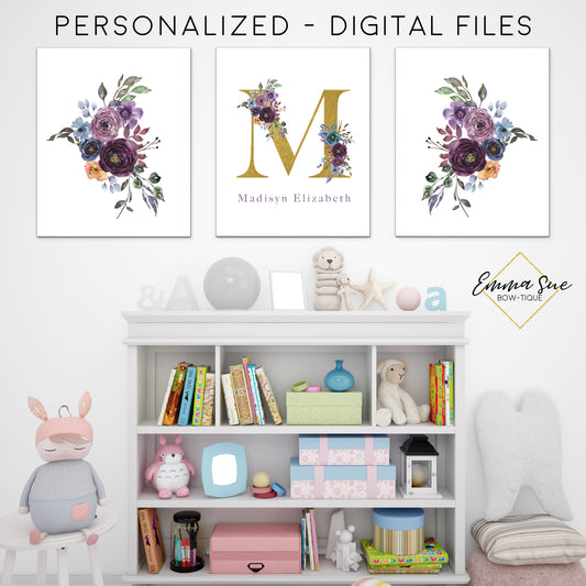 Purple & Gold Watercolor Floral Personalized Baby Name & Initial Sign - Kid's Room Or Nursery Printable Wall Art  - Digital File (Name-Purple)