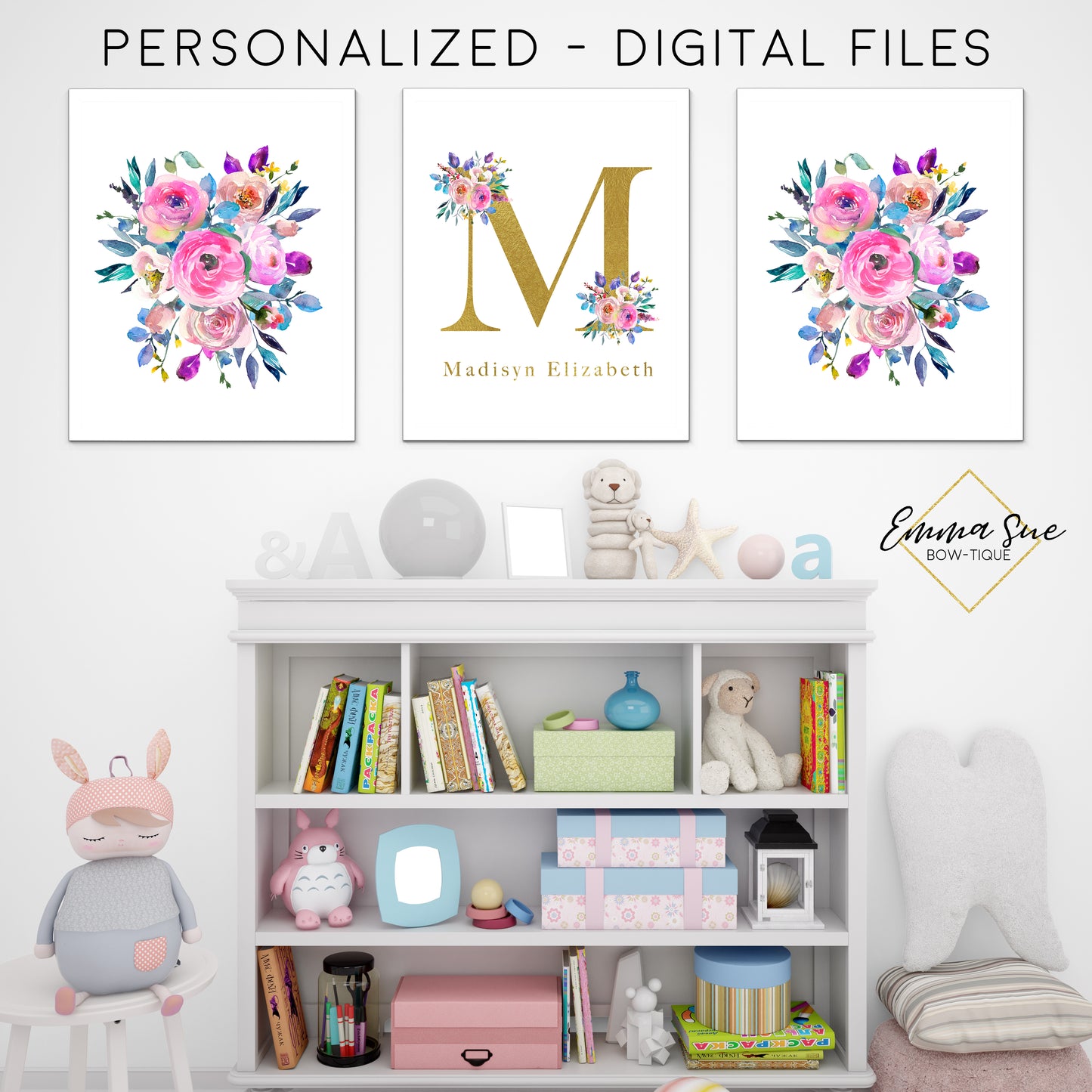 Gold & Watercolor Floral Personalized Baby Name & Initial Sign - Kid's Room Or Nursery Printable Wall Art  - Digital File (Name-floral2)