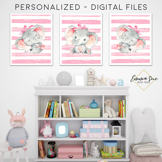 Baby Girl Elephant Watercolor Stripe Signs - Girl's Playroom Baby Nursery Printable Wall Art  - Digital File