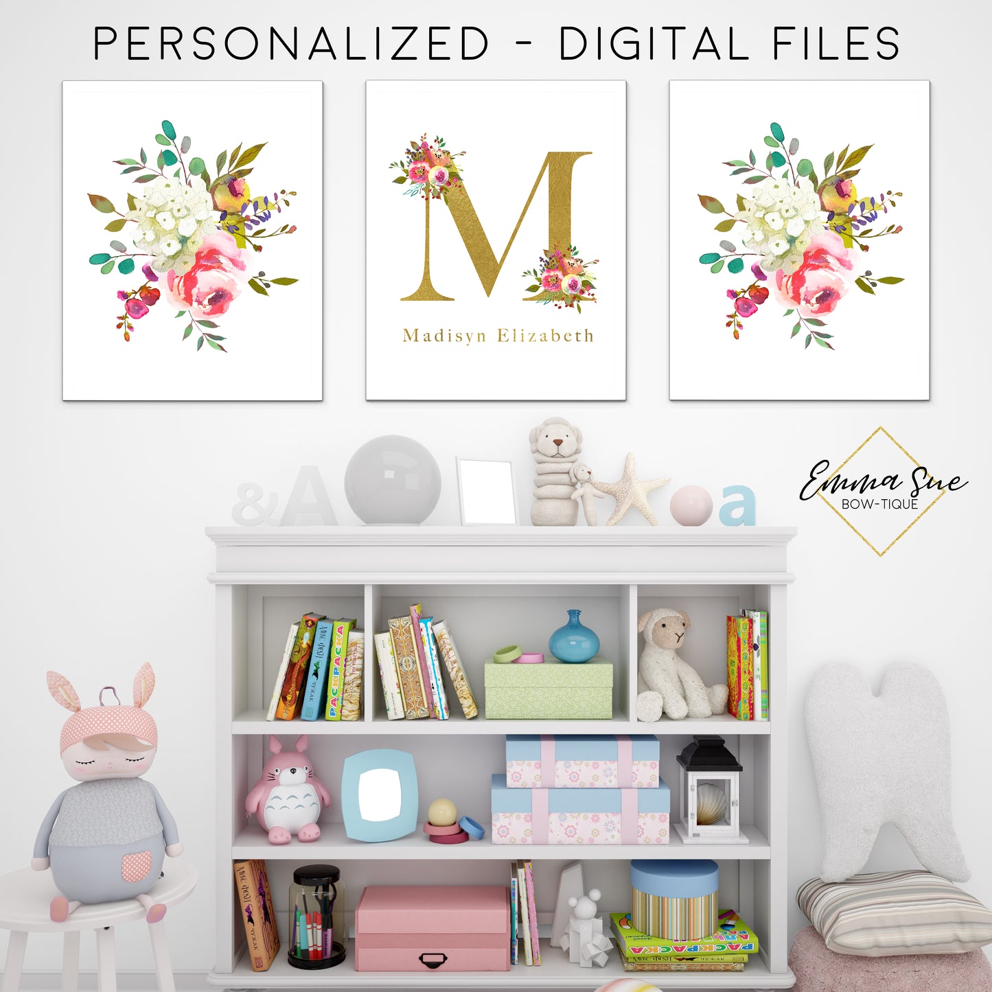 Gold & Watercolor Floral Personalized Baby Name & Initial Sign - Kid's Room Or Nursery Printable Wall Art  - Digital File (Name-Goldfloral1)