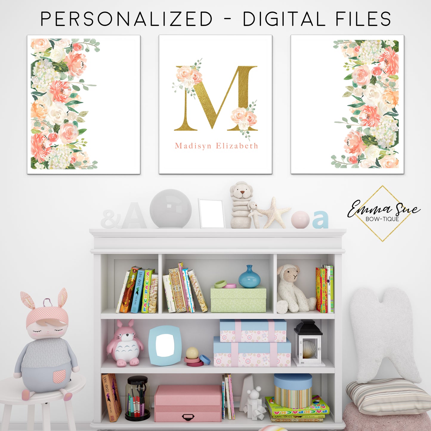 Peach Blush & Gold Watercolor Floral Personalized Baby Name & Initial Sign - Kid's Room Or Nursery Printable Wall Art  - Digital File (Name-Peach)