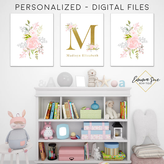 Blush Pink & Gold Watercolor Floral Personalized Baby Name & Initial Sign - Kid's Room Or Nursery Printable Wall Art  - Digital File (Name-Blush)