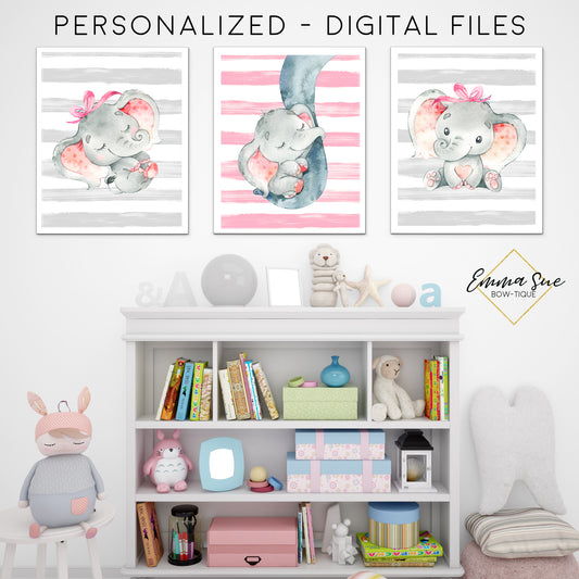 Baby Girl Elephant Watercolor Stripe Signs - Girl's Playroom Baby Nursery Printable Wall Art  - Digital File