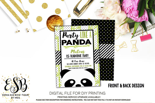 Party Like a Panda - Panda Face Birthday Party Invitation Printable - Digital File  (Panda-01)