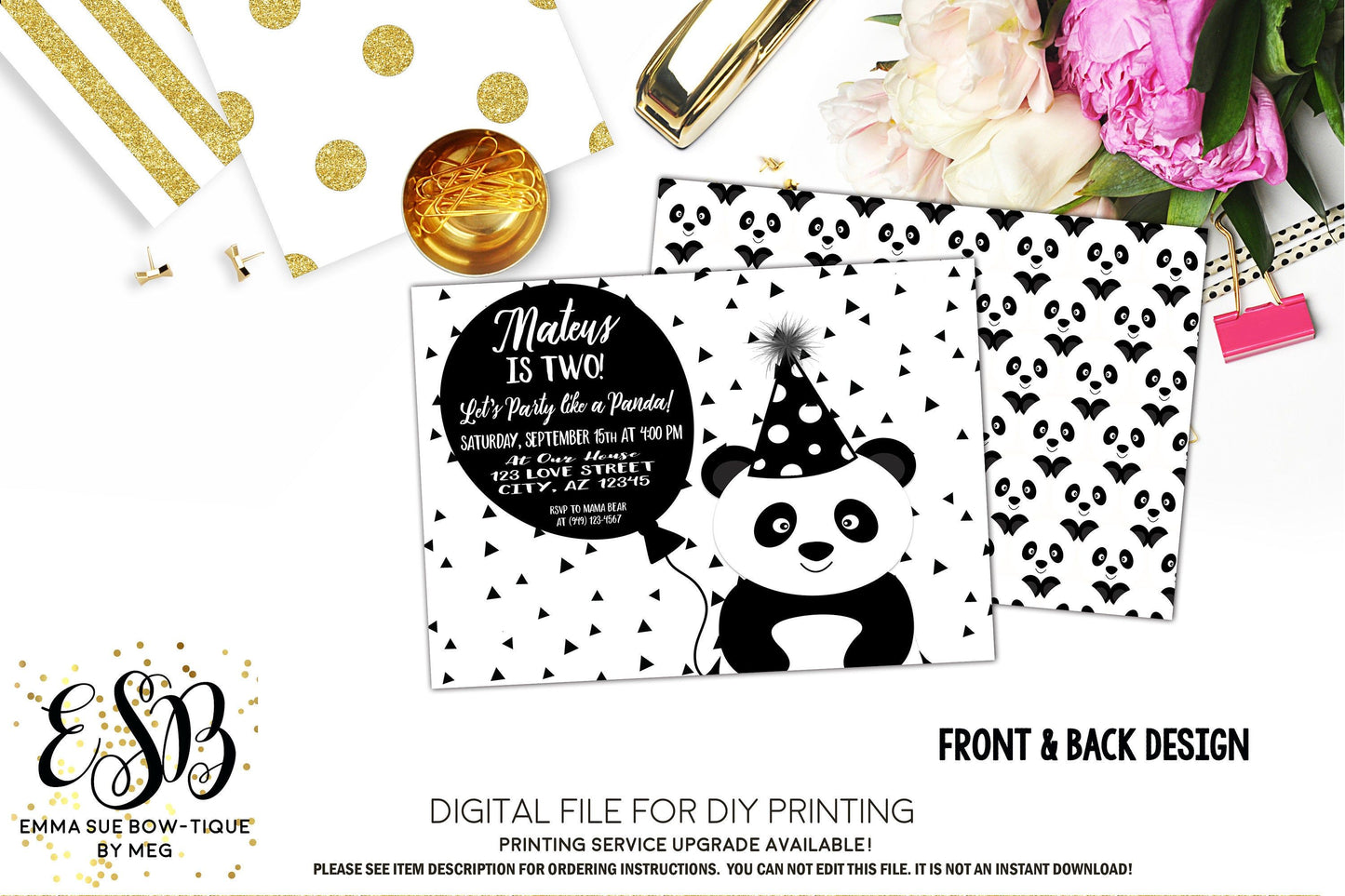 Panda with Balloon Birthday Party Invitation Printable - Digital File  (Panda-balloon)