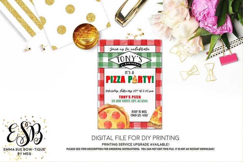 Pizza Party - Italian theme Birthday Party Invitation Printable - Digital File  (Pizza-watercolor)