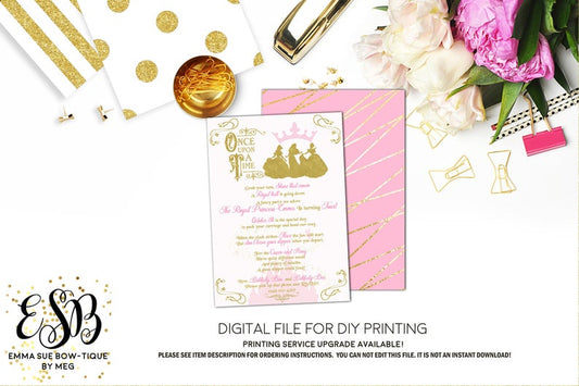 Once Upon a Time - Storybook Princess Pink and Gold Girls Birthday invitation Printable - Digital File  (Princess-Poem)