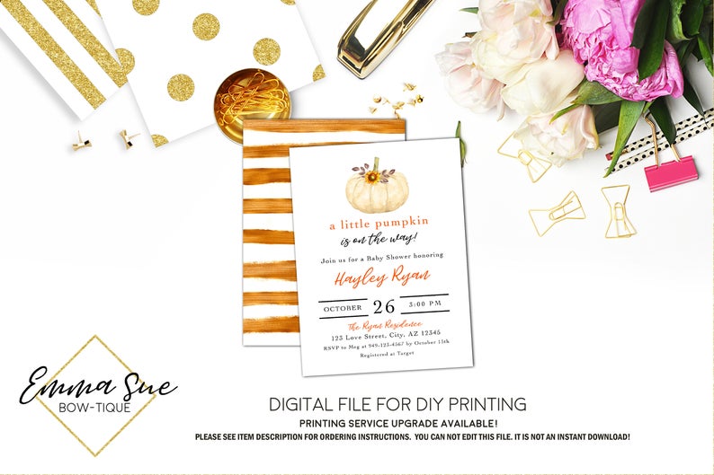A little Pumpkin is on the way - Fall Baby Shower Invitation- Digital Printable File  (Baby-pumpkinclassic)