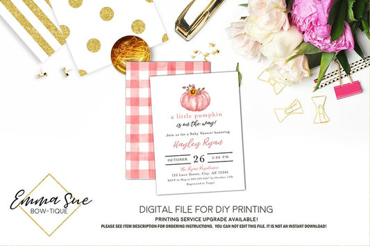 A little Pumpkin is on the way - Pink Pumpkin Fall Baby Shower Invitation- Digital Printable File  (Baby-pumpkinclassicgrl)