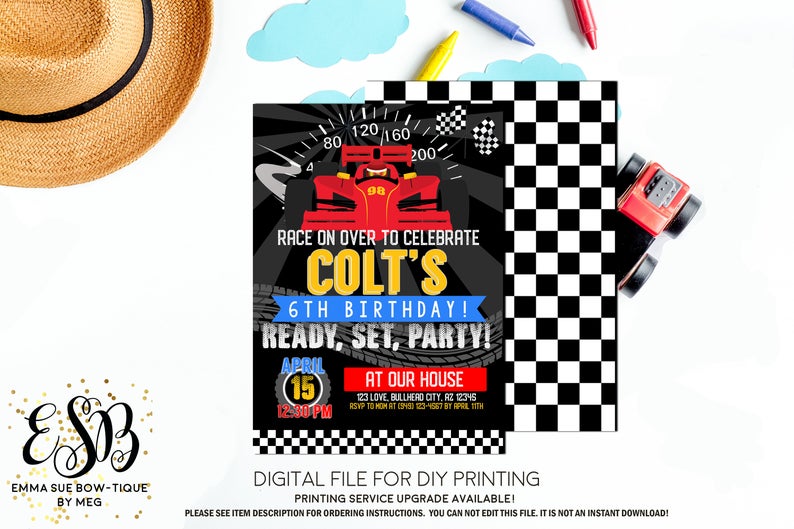 Boy's Race Car Birthday Party Invitation Printable - Digital File  (race-car01)