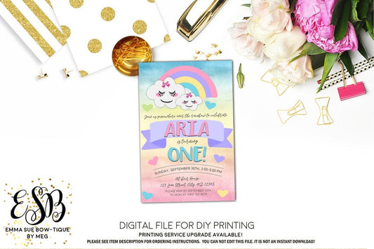 Somewhere over the Rainbow - Pastel watercolor Birthday Party Invitation Printable - Digital File  (rainbow-onewater)