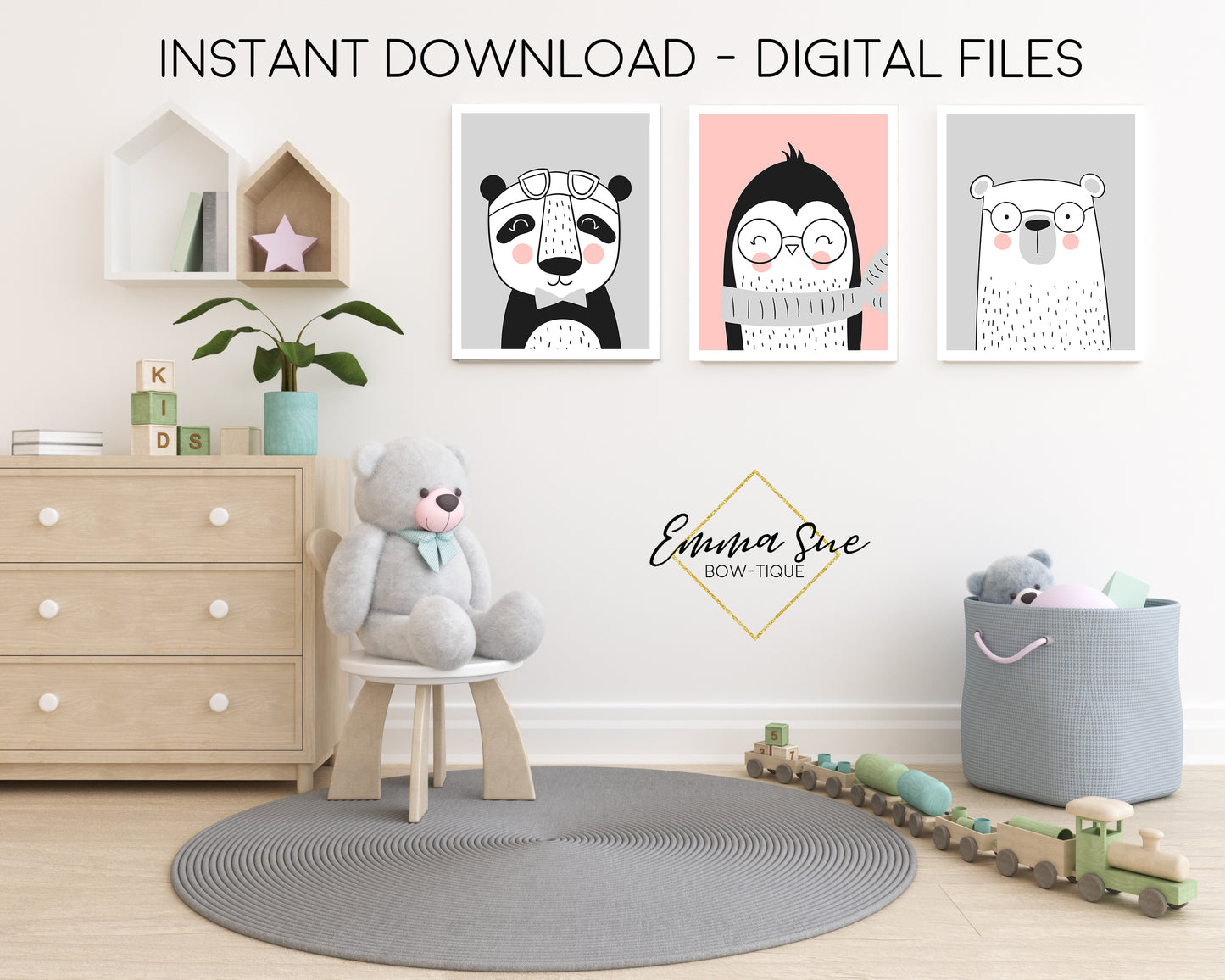 Scandinavian Animals Penguin Bear & Panda Bear - Kid's Room Or Baby Nursery Printable Wall Art  - Digital File