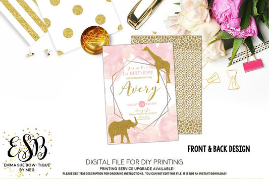 Wild Animal - Giraffe & Elephant Girl's Pink & Gold Safari Birthday Party Invitation Printable - Digital File  (Safari-pnkwatercolor)