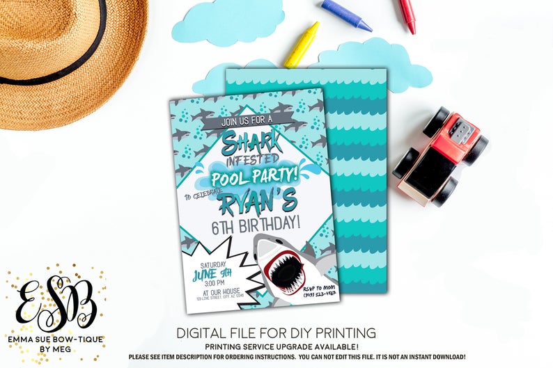 Shark Infested Pool Party - Boy's Birthday invitation Printable - Digital File  (shark-ocean)