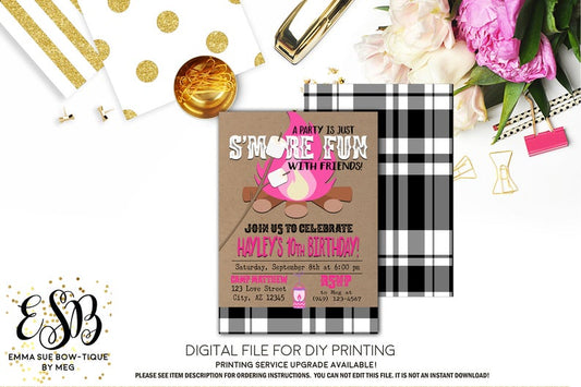 Girl's S'more Fun with Friends Pink & Buffalo Plaid Birthday Party invitation Printable - Digital File  (smore-marshpnk)