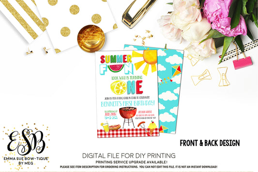 Summer Fun 1st Birthday - BBQ Red & White Gingham Birthday Party Invitation Printable - Digital File  (Summer-one)