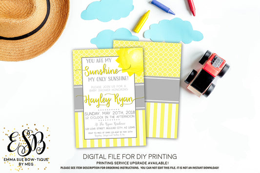 You are my Sunshine - Baby Shower Invitation- Digital Printable File  (Baby-sunshinestripe)