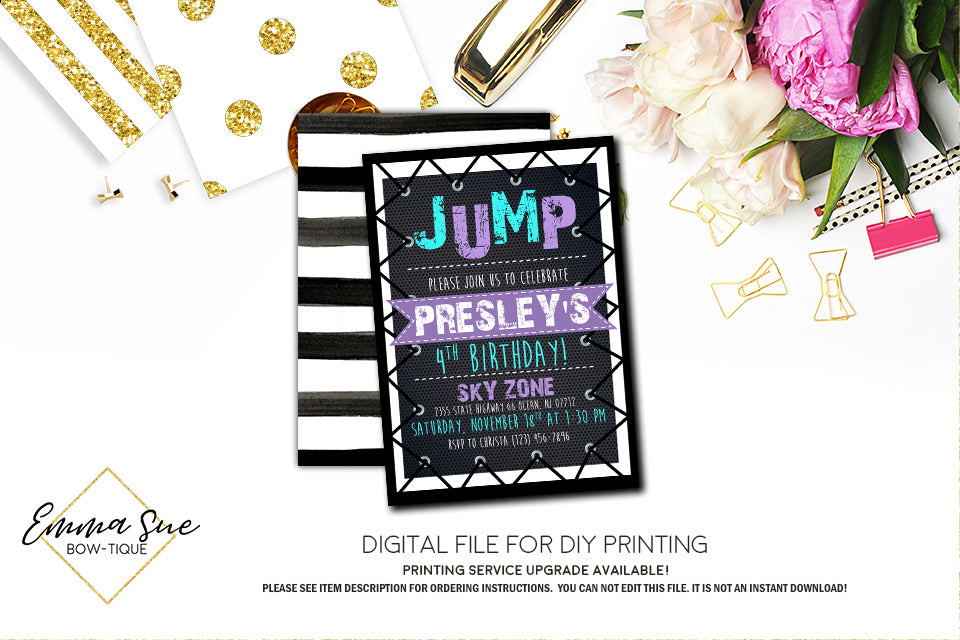 Jump Trampoline Park Girl's Birthday Invitation - Digital File Printable (TRAMP-aquapurp)