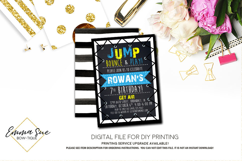 Jump Trampoline Park Kid's Birthday Invitation - Digital File Printable (TRAMP-blueyellow)