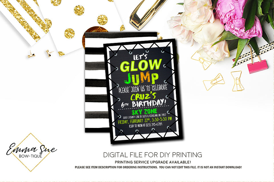Cosmic Glow Jump Trampoline Park Kid's Birthday Invitation - Digital File Printable (TRAMP-glow)