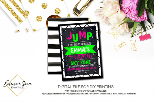 Jump Trampoline Park Girl's Birthday Invitation - Digital File Printable (TRAMP-limepink)