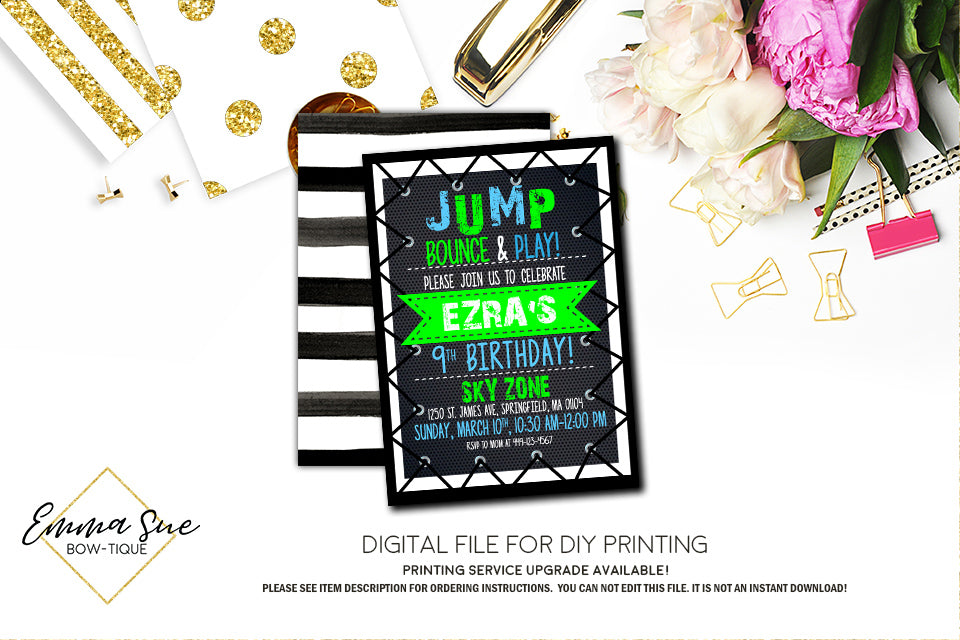 Jump Trampoline Park Kid's Birthday Invitation - Digital File Printable (TRAMP-Lime)