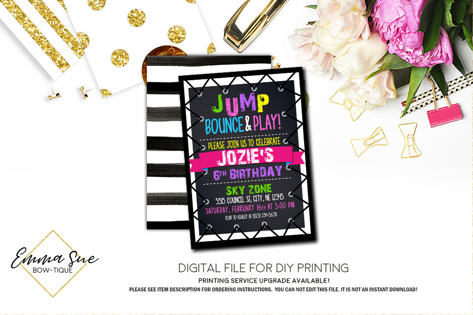 Jump Trampoline Park Girl's Birthday Invitation - Digital File Printable (TRAMP-multigrl)